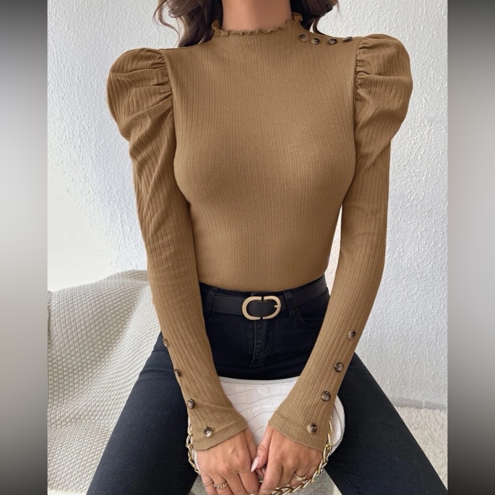Luxe khaki button detail gigot sleeve business casual top